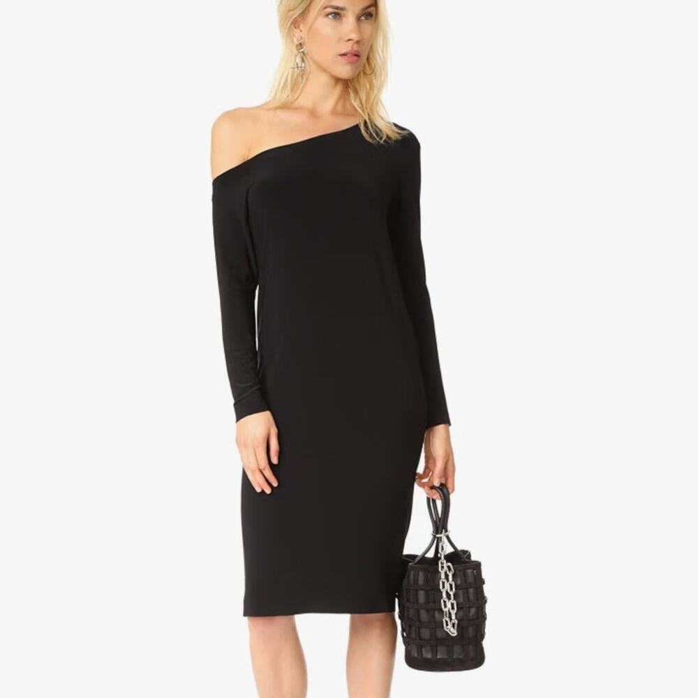 Norma Kamali Black Long Sleeve Drop Shoulder Dress Size XS 34 Sheath Bodycon EUC
